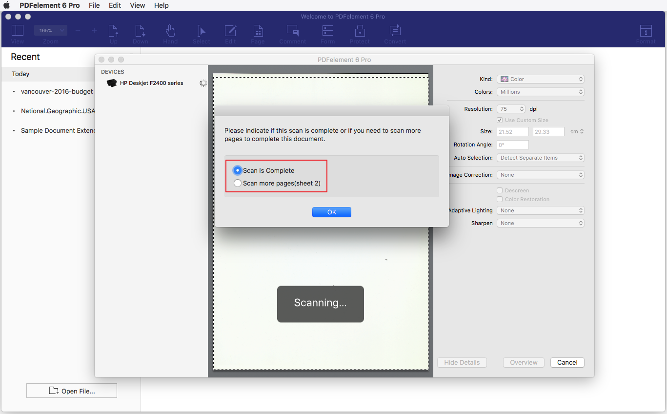 选择多个扫描页面创建PDF的界面